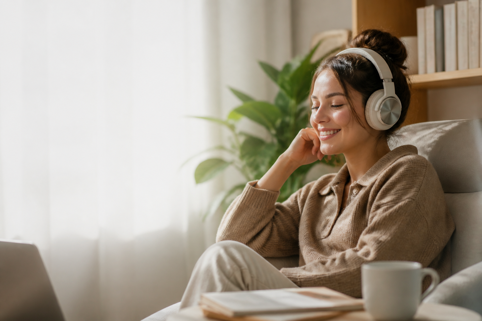 Mujer feliz escuchando un audiolibro con auriculares